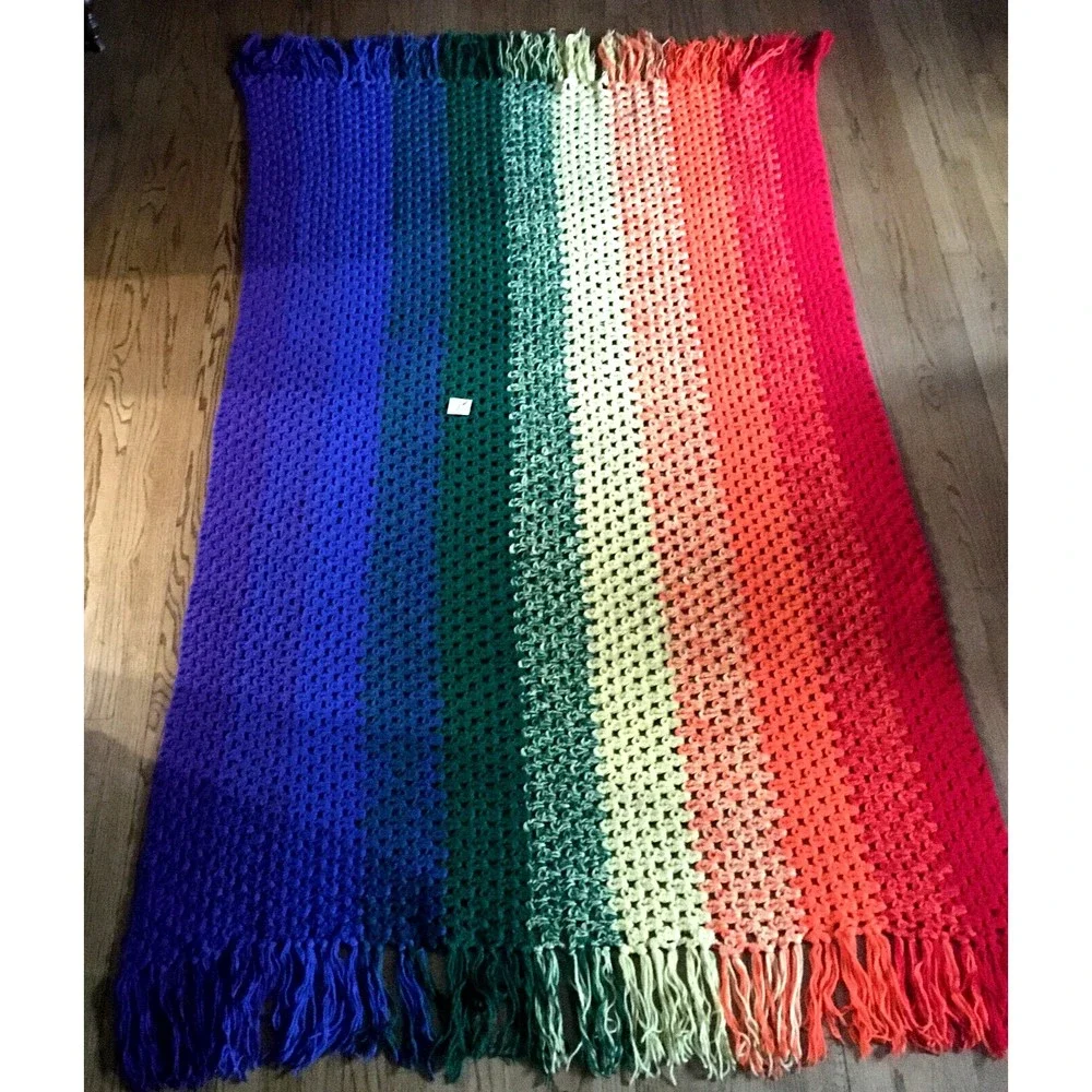 Handmade Crochet Rainbow Afghan Blanket Throw Fringe Edge 54W x 84L
